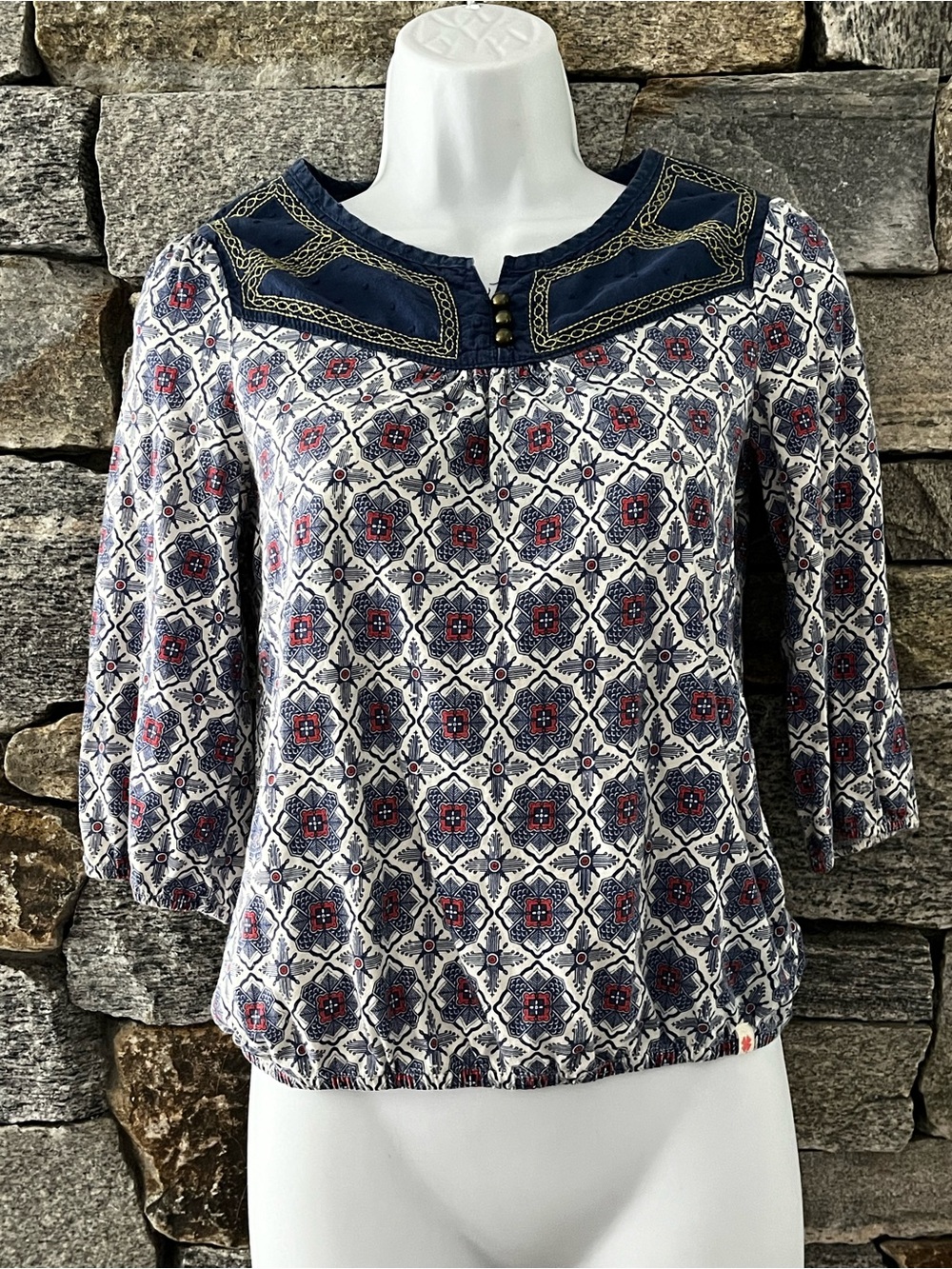 Lucky Brand Navy, White & Red Patterned Peasant Tunic
